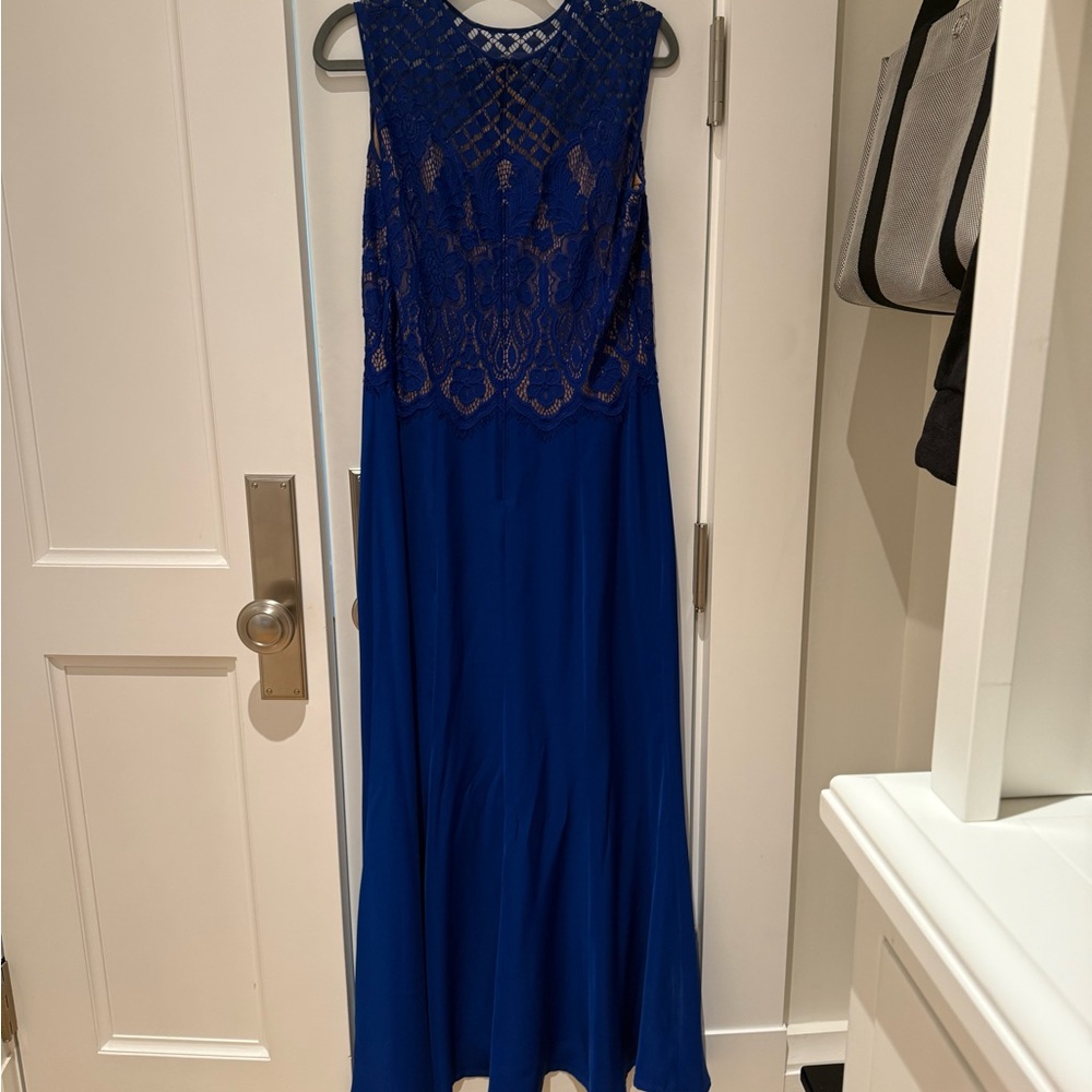 Tadashi Shoji Royal Blue Lace Maxi Dress. Perfect for any semi formal or formal.